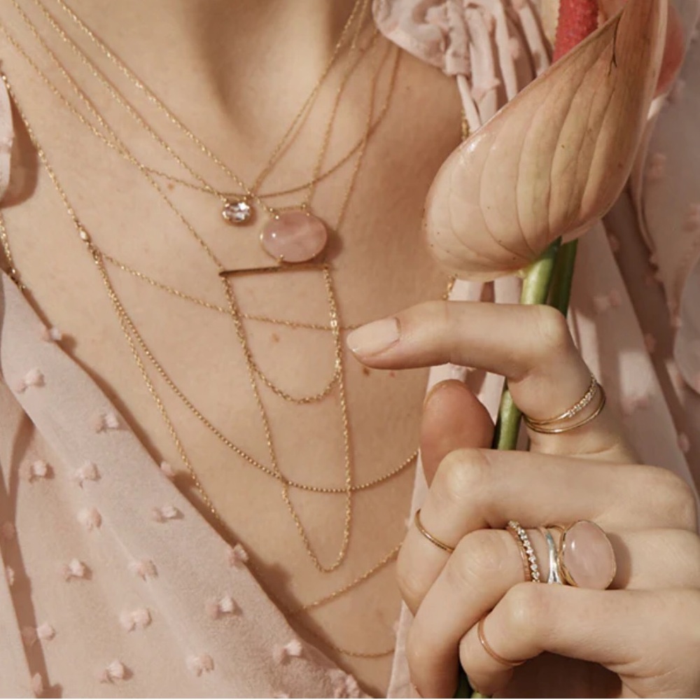 Catbird Gold Layered Necklace with Rose Pink Stone Pendant